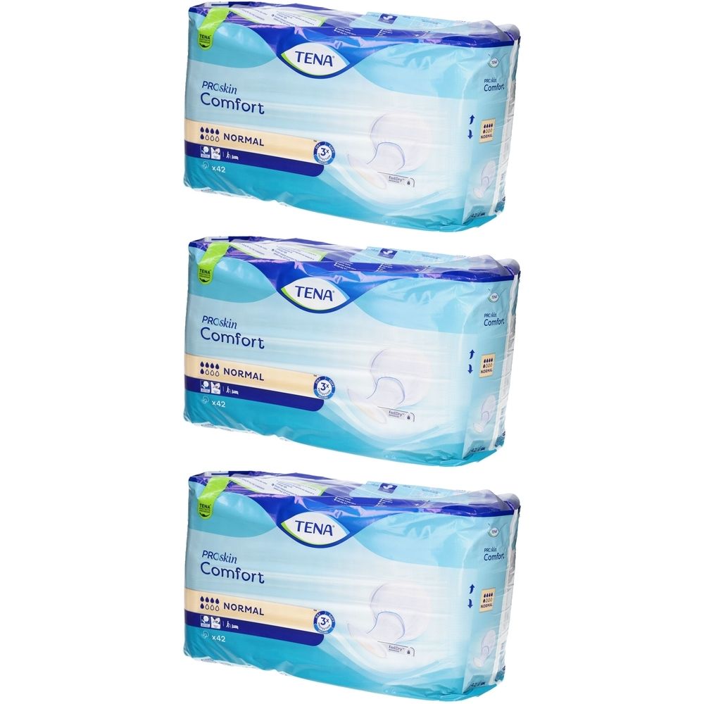 Drei Packungen TENA Comfort Normal. Blaue Verpackung mit Produktbezeichnung und Logo. Sichtbare Produktmerkmale.