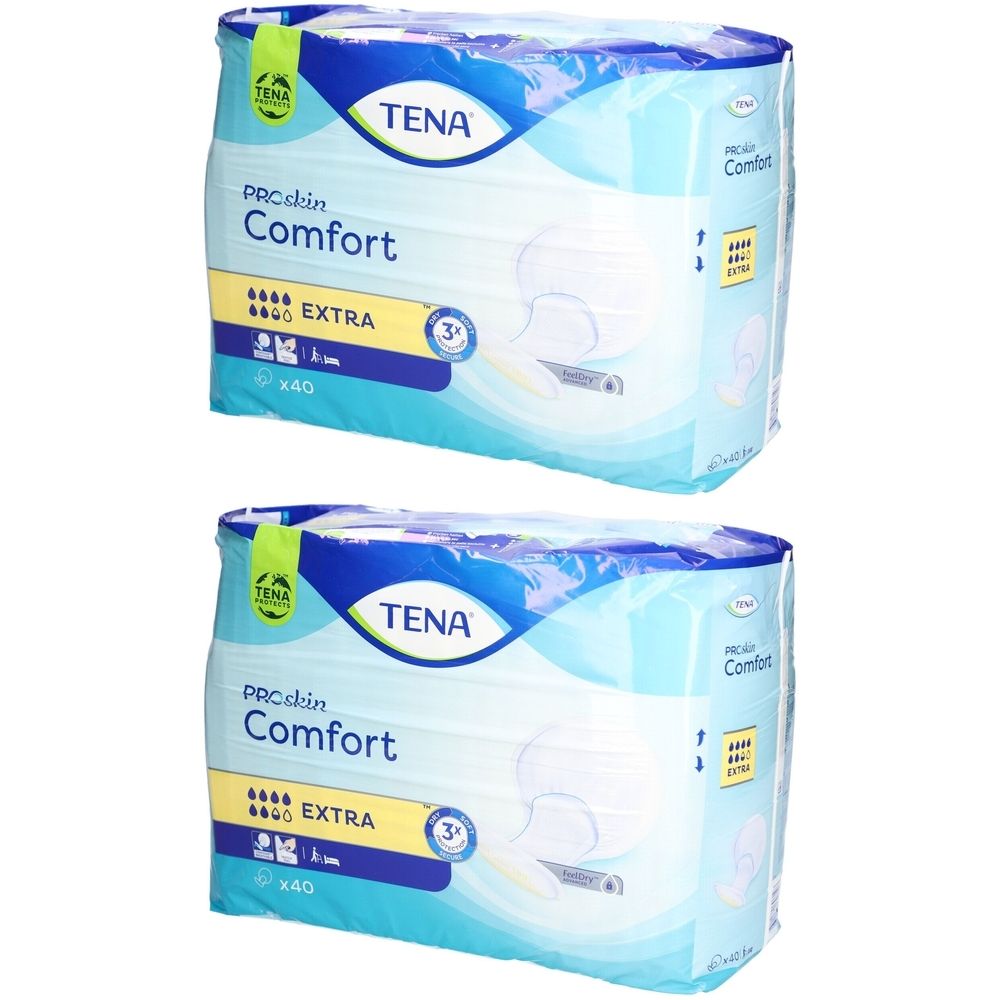 Zwei Packungen TENA Comfort Extra. Blaue Verpackung mit Produktbezeichnung und Saugstärke-Indikator.