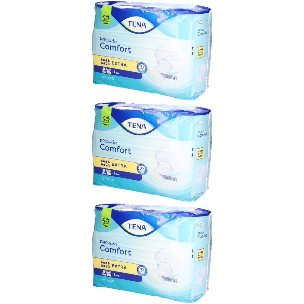 Drei Packungen TENA Comfort Extra. Blaue Verpackung mit Produktbezeichnung und Saugstärke. Sichtbar: Logo, Produktname, Saugstärke.