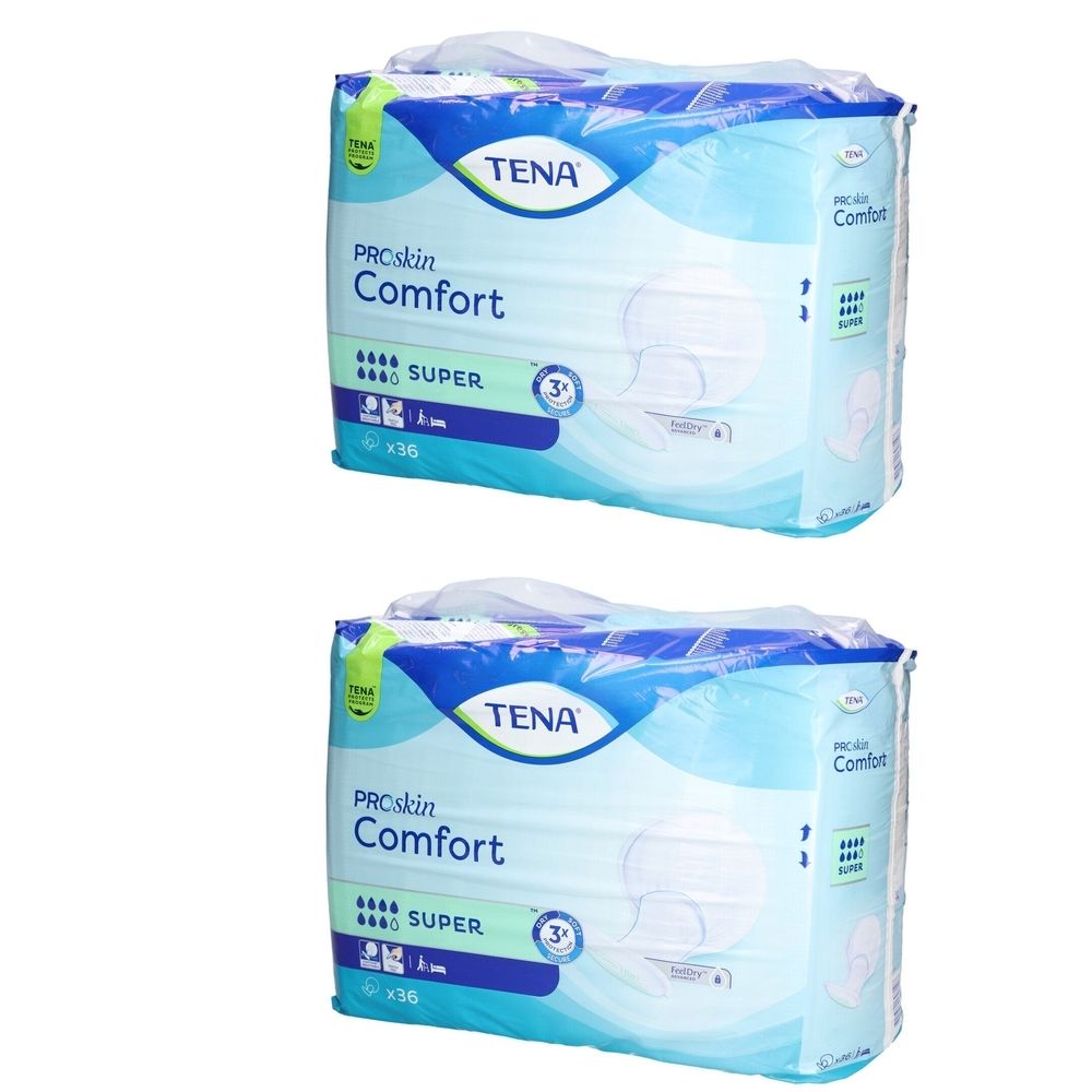 Zwei Packungen TENA Comfort Super. Blaue Verpackung mit Produktbezeichnung und Saugstärke-Angabe.