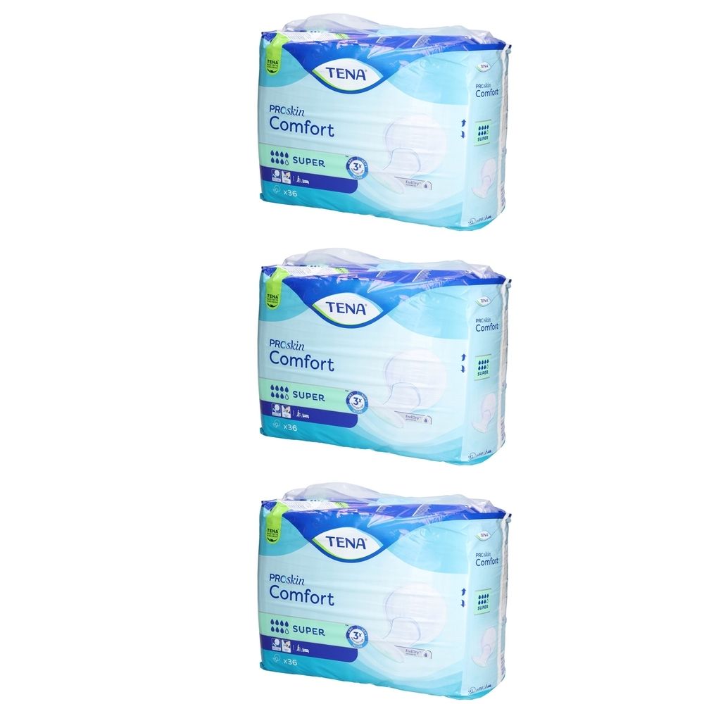 Drei Packungen TENA ProSkin Comfort Super. Blaue Verpackung mit Produktinformationen und Logo.