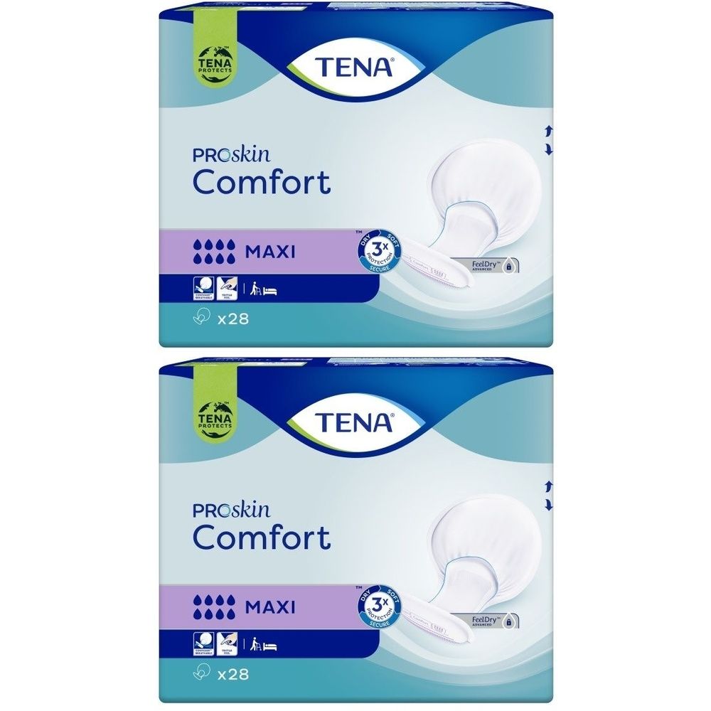Zwei Packungen TENA ProSkin Comfort Maxi Vorlagen. Blaue Verpackung mit Produktabbildung und Logo. x28 Stück.