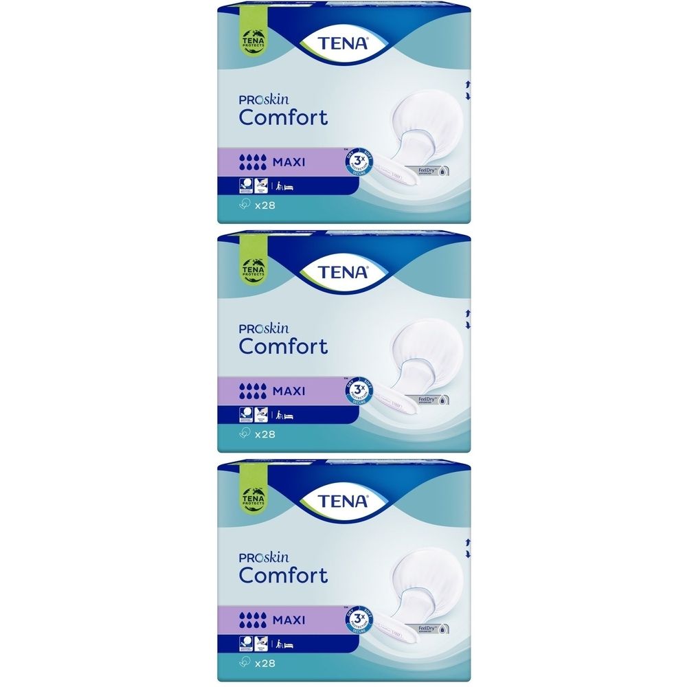 Drei Packungen TENA ProSkin Comfort Maxi Vorlagen. Jede Packung zeigt das Produkt und die Marke TENA. Auf jeder Packung steht "MAXI" und "x28".