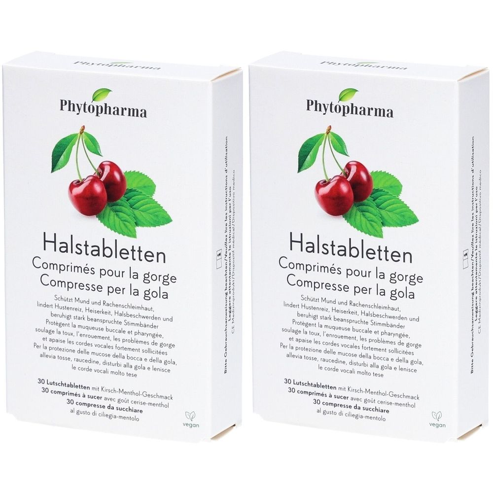 Deux boîtes blanches de pastilles pour la gorge à la cerise et à la menthe. Inscription : Phytopharma, Halstabletten, cerise-menthol, 30 comprimés.