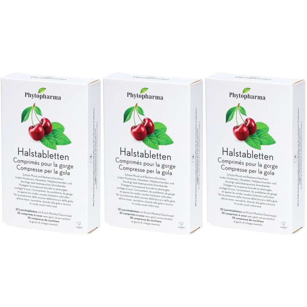Trois boîtes blanches avec illustrations de cerises et feuilles. Inscription : Halstabletten, Comprimés pour la gorge, Compresse per la gola. Marque : Phytopharma.