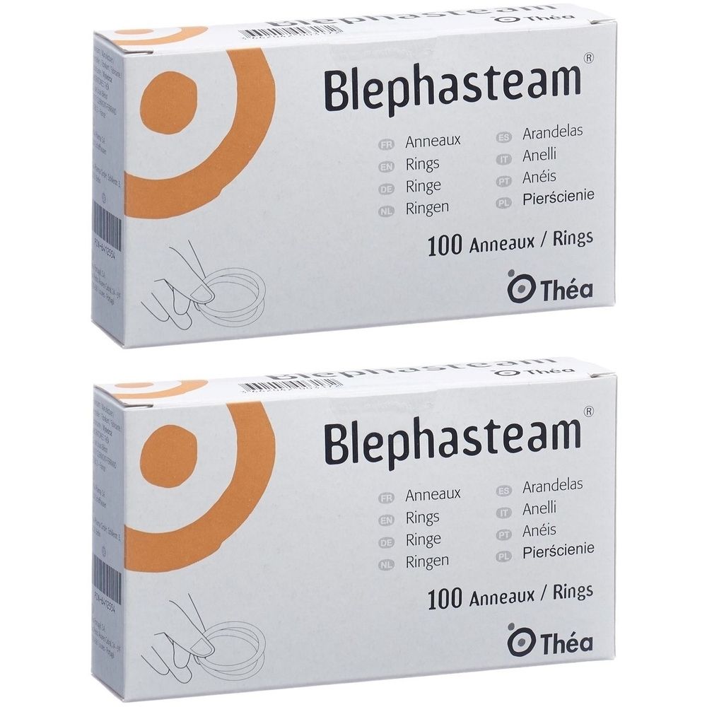 Zwei Schachteln Blephasteam. Aufschrift: 100 Anneaux/Rings. Logo Théa. Orangefarbenes Design.