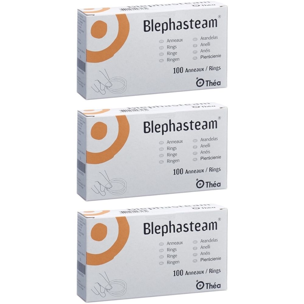Drei Schachteln Blephasteam. Weiße Verpackung mit orangefarbenem Design. Aufschrift: 100 Ringe. Marke: Théa.