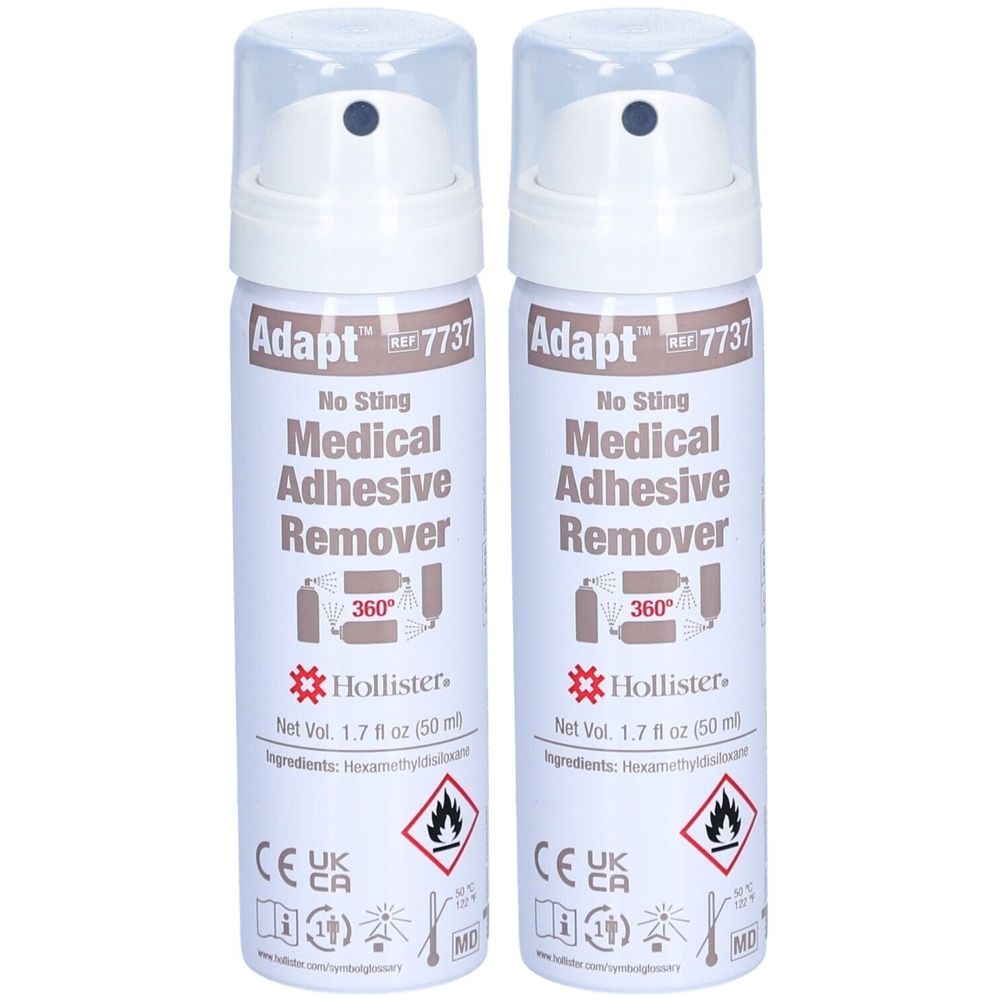 Zwei weiße Sprühflaschen mit Aufschrift Adapt Medical Adhesive Remover. Marke Hollister, 1.7 fl oz.