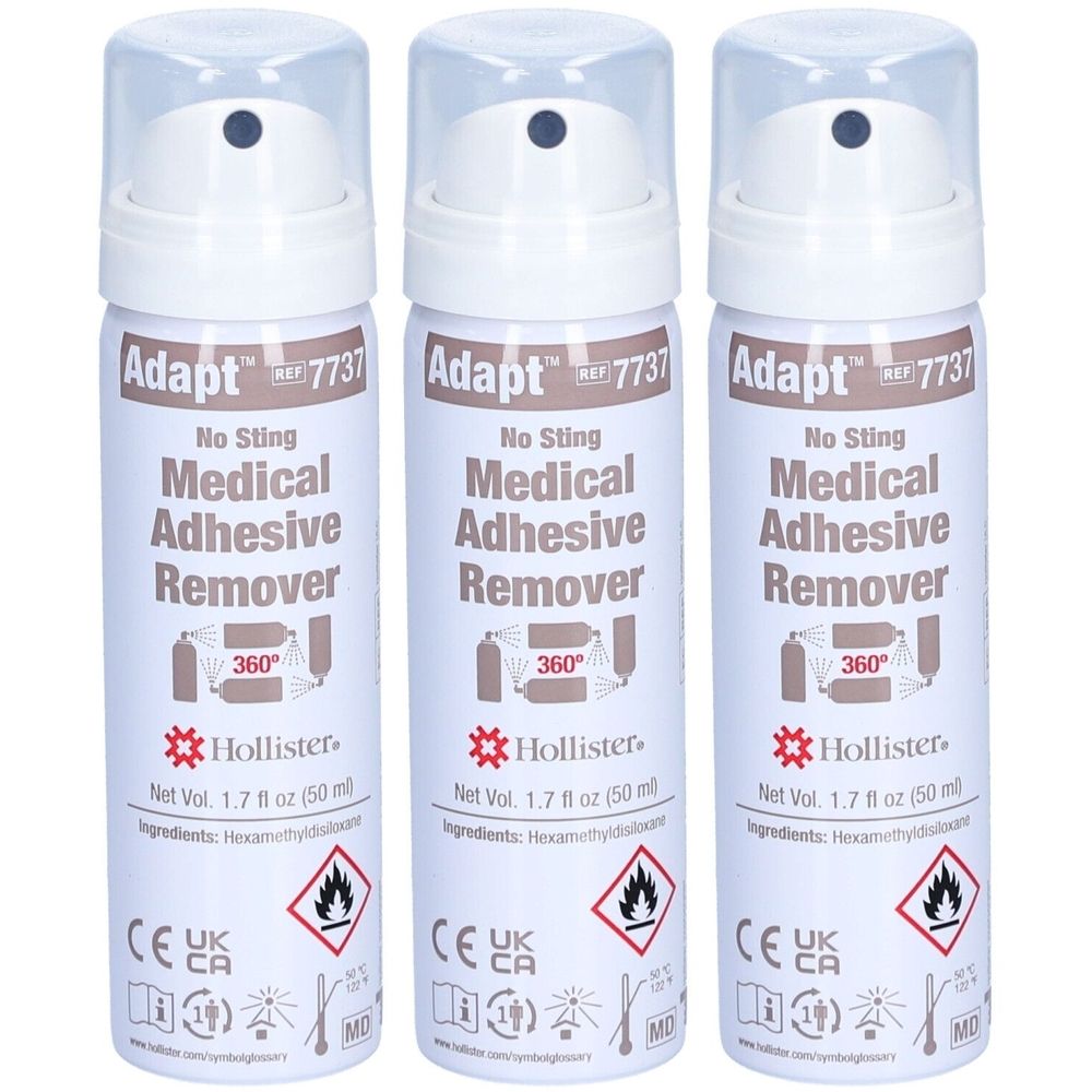 Trois flacons spray blancs avec bouchons transparents. Inscription : Adapt, Medical Adhesive Remover, Hollister. Symbole d'avertissement.