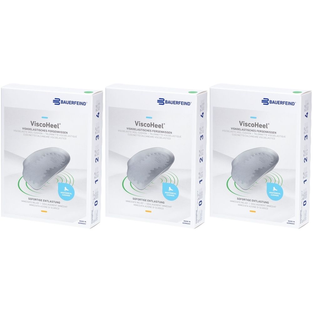 Drei Produktverpackungen von ViscoHeel® Fersenkissen. Weiße Kartons mit Produktabbildung und Schriftzug. Marke Bauerfeind.
