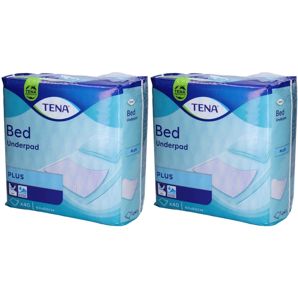 Zwei Packungen TENA Bed Underpad Plus. Blaue Verpackung mit Produktbezeichnung und Logo. Größe: 60x60cm, Packung mit 40 Stück.