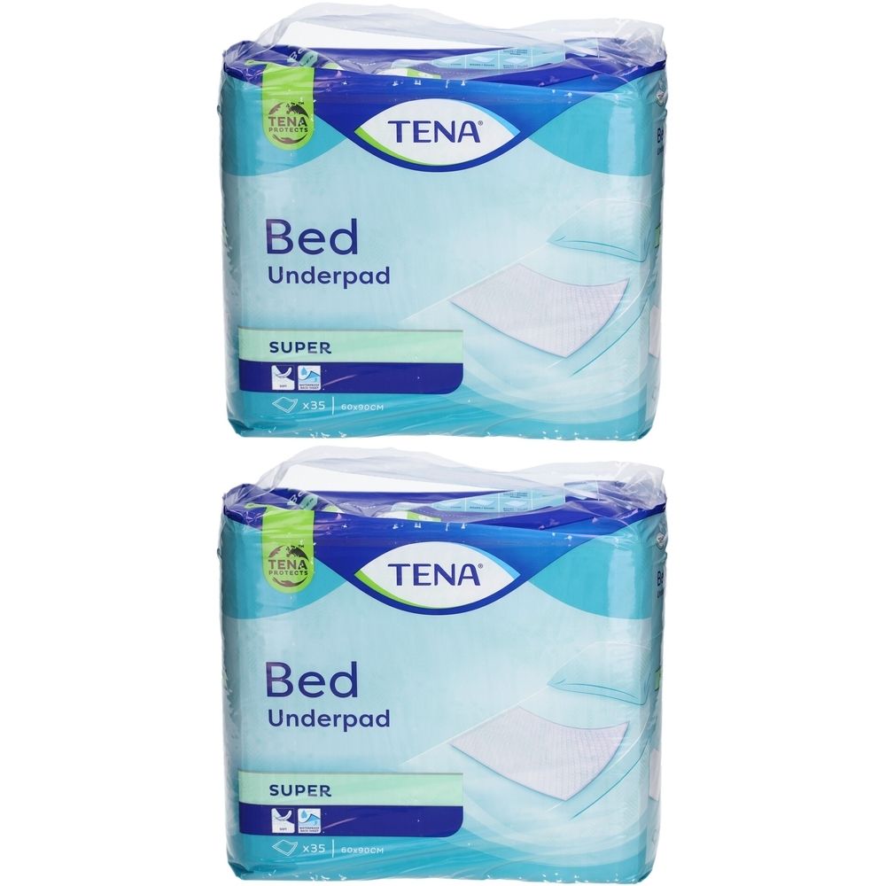 Zwei verpackte TENA Bed Underpad-Päckchen. Aufschrift: SUPER. Verpackung mit blauem Wellenmuster und TENA-Logo.