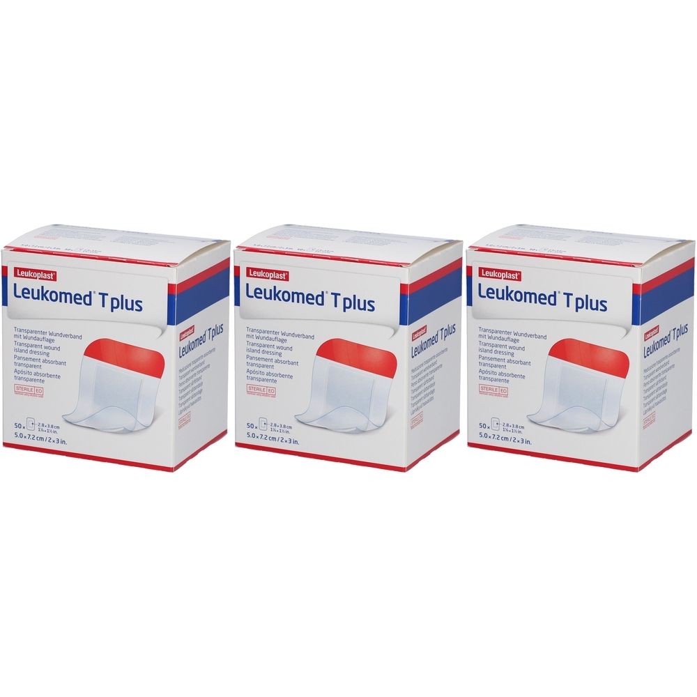 Trois boîtes de Leukomed T plus. Sur chaque boîte : image du produit, nom du produit, indication de taille 7,2 x 5 cm.