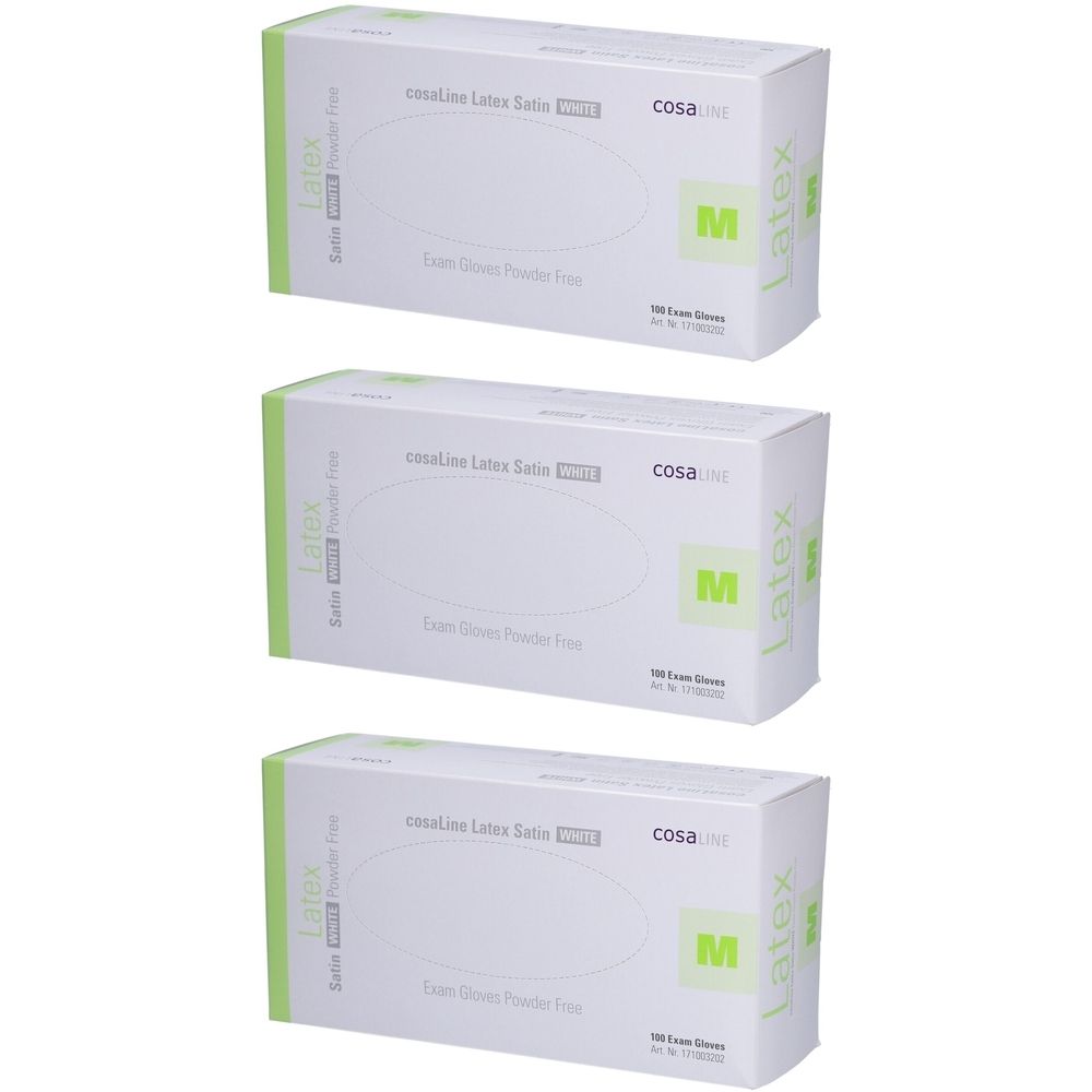 Trois boîtes de gants d'examen cosaLine Latex M, sans poudre. Emballage blanc avec des accents verts et des informations sur le produit.