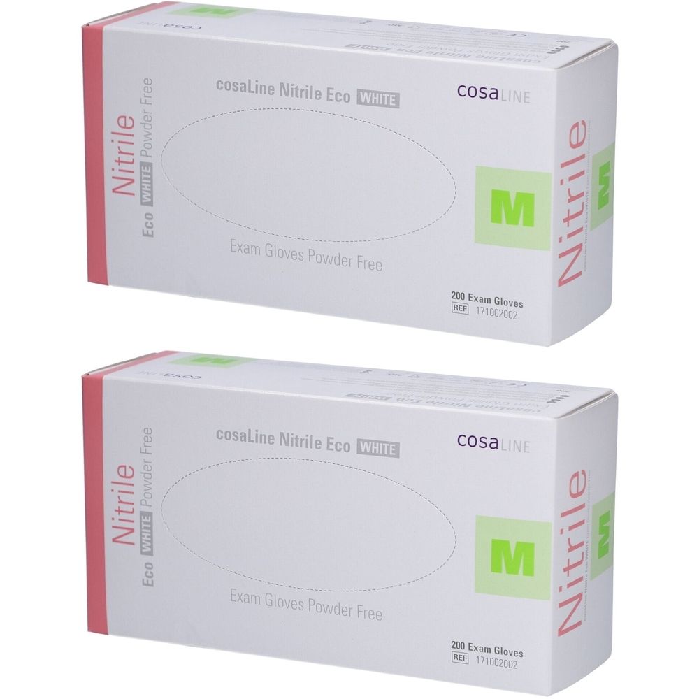 Zwei Kartons cosaLine Nitril Eco White Untersuchungshandschuhe, Größe M. Aufdruck: 200 Exam Gloves, Powder Free.