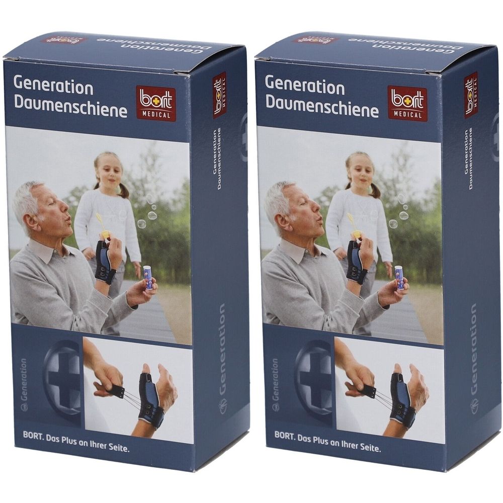 Zwei Kartons mit Produktabbildung. Aufschrift: Generation Daumenschiene, Marke BORT MEDICAL. Abbildung eines Mannes mit Daumenschiene.