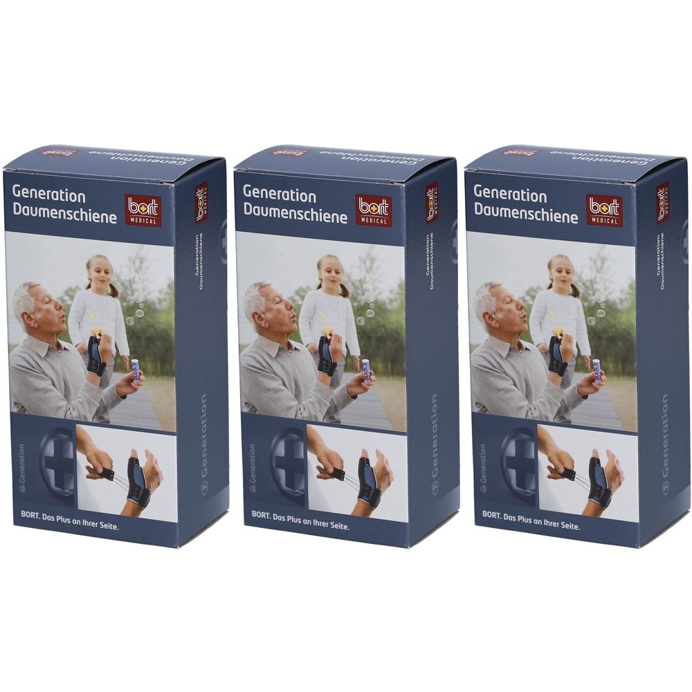 Drei Produktverpackungen. Aufdruck: Generation Daumenschiene, BORT medical. Abbildung: Mann und Kind mit Seifenblasen.