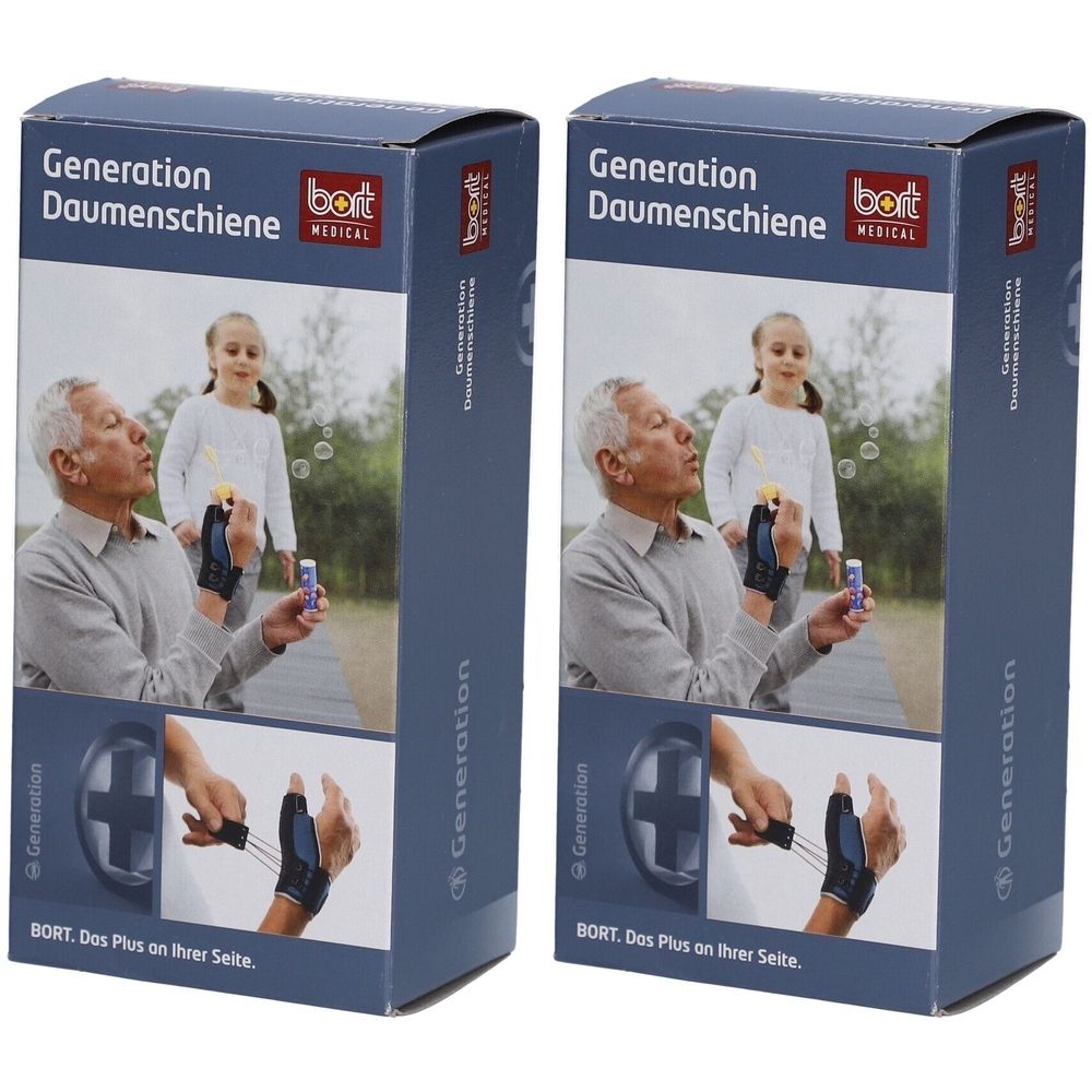 Zwei Produktverpackungen. Aufschrift: Generation Daumenschiene, bort MEDICAL. Abbildung eines Mannes mit Daumenschiene.