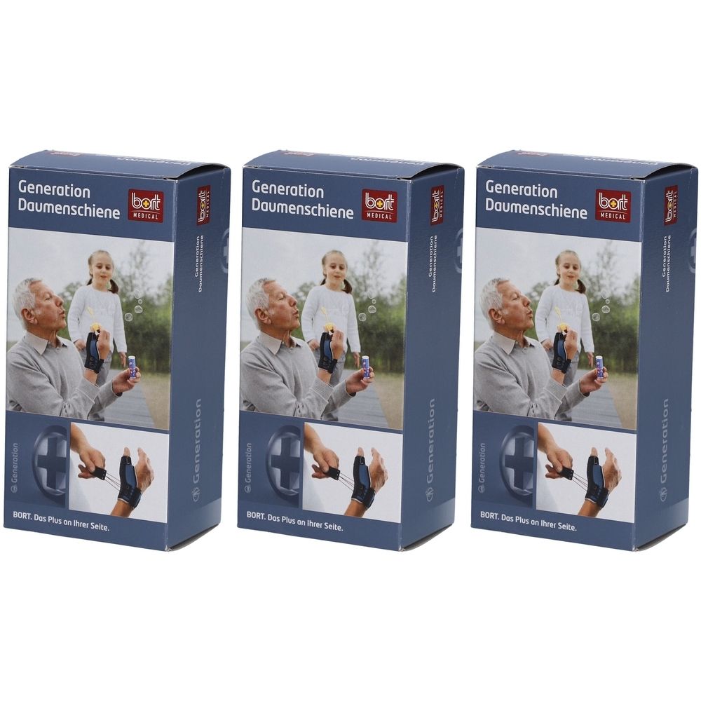 Drei Produktverpackungen. Aufdruck: Generation Daumenschiene, BORT medical. Abbildung: Mann und Kind mit Seifenblasen, Daumenschiene.