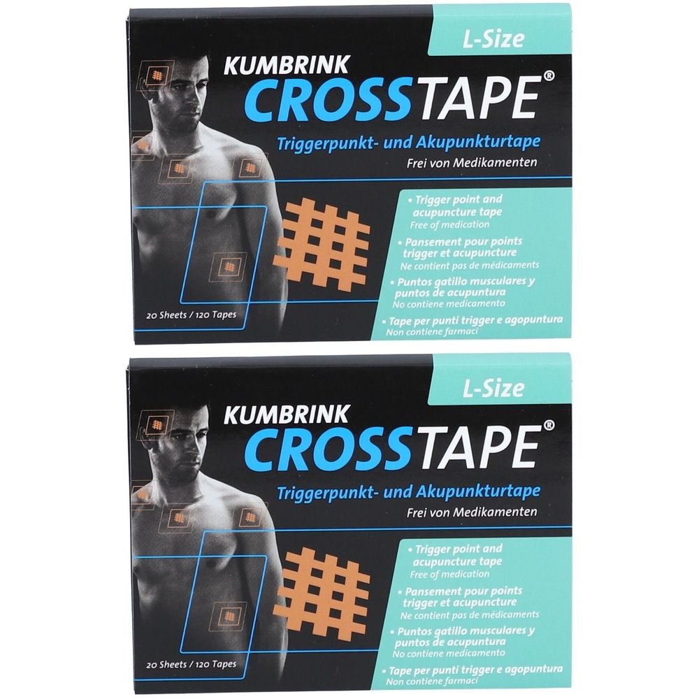 Zwei Packungen CROSSTAPE Akupunkturpflaster. Schwarze Verpackung mit Produktname und Abbildung. L-Size.