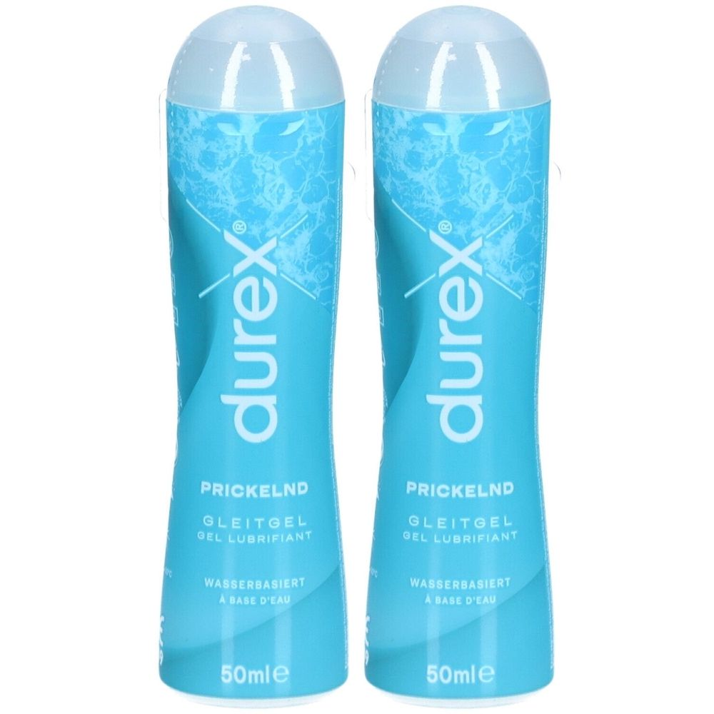 Deux flacons bleus avec bouchons blancs. Inscription: durex, Prickelnd, Gleitgel, à base d'eau, 50ml.