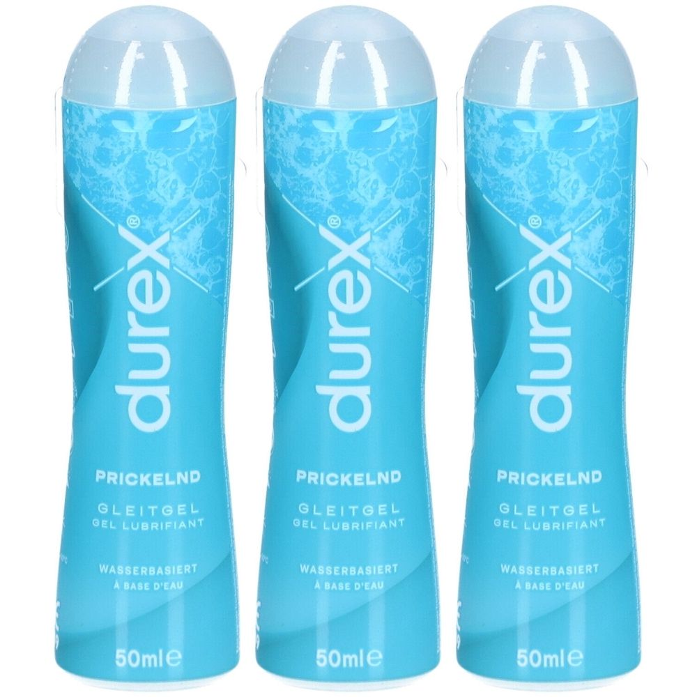 Trois flacons de gel Durex Prickelnd. Flacons bleu clair avec bouchon blanc. Inscription : Prickelnd, gel lubrifiant, à base d'eau, 50ml.