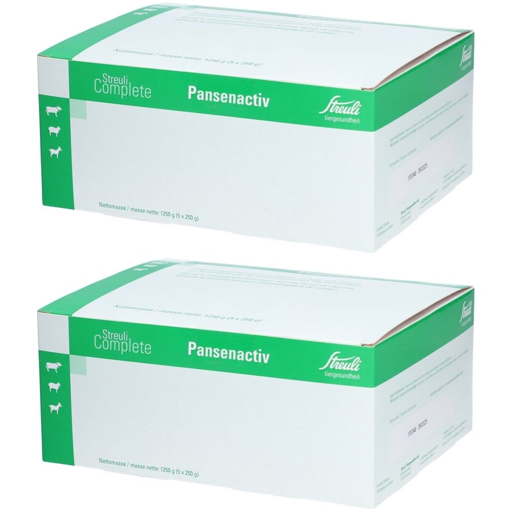Zwei Kartons mit "Streuli Complete Pansenactiv". Weiße Kartons mit grünen Akzenten und Produktnamen. Logo und Produktbezeichnung deutlich sichtbar.