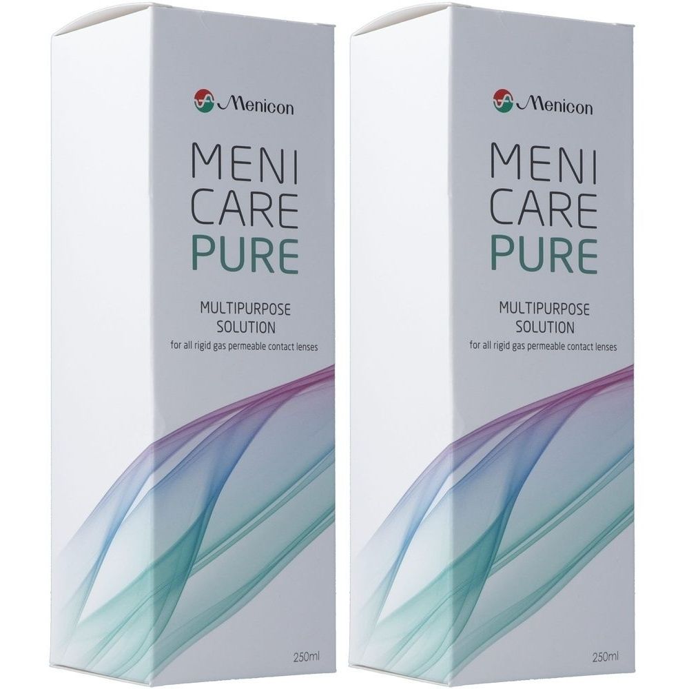 Deux boîtes blanches avec le logo Menicon et l'inscription "MENI CARE PURE MULTIPURPOSE SOLUTION". En bas, "250ml".