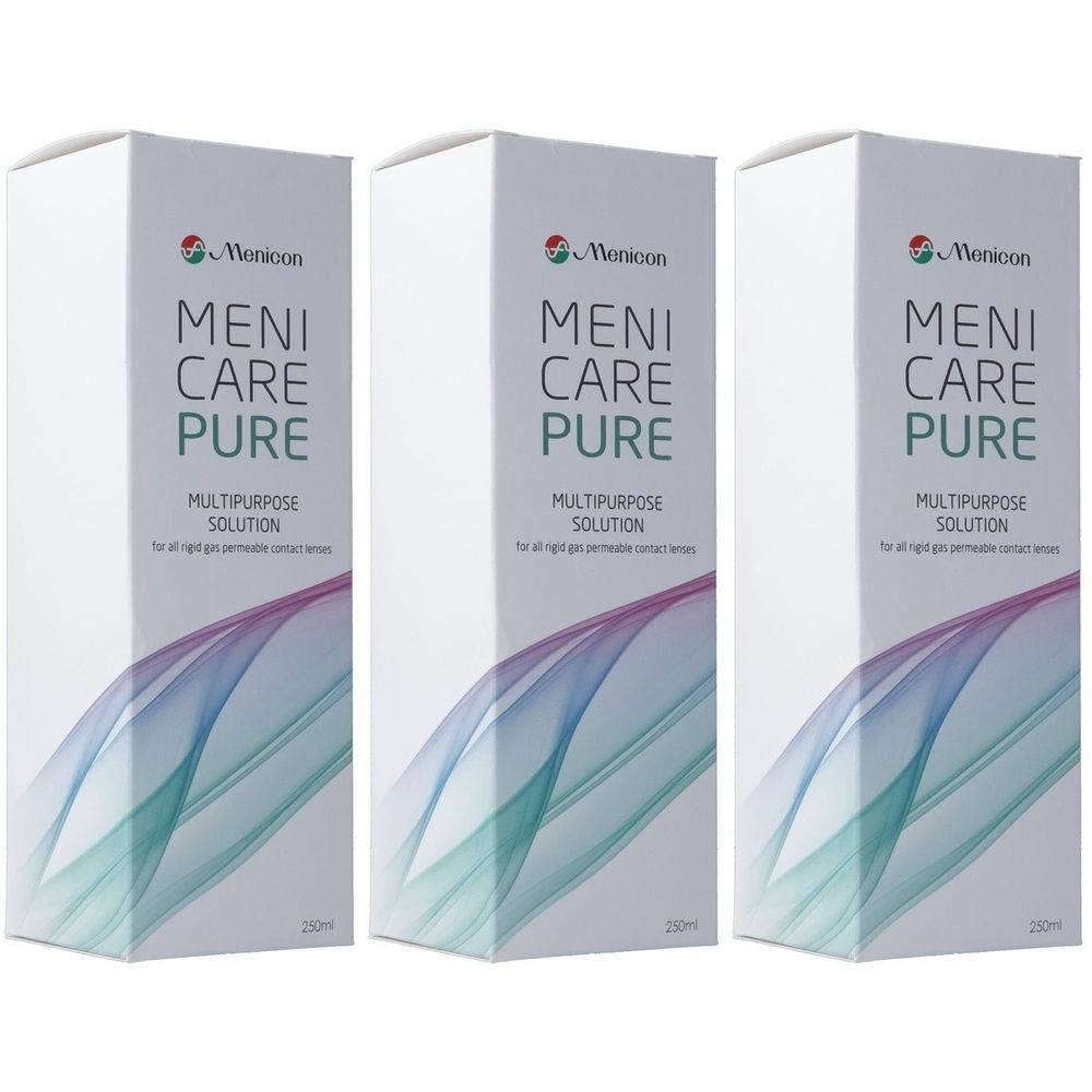Trois boîtes blanches avec "MENI CARE PURE". Solution polyvalente pour lentilles de contact. Marque Menicon.