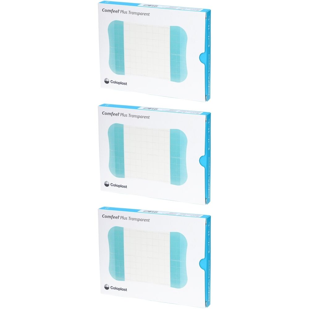 Trois boîtes de pansements hydrocolloïdes Coloplast Comfeel Plus Transparent. Emballage bleu et blanc avec nom du produit.