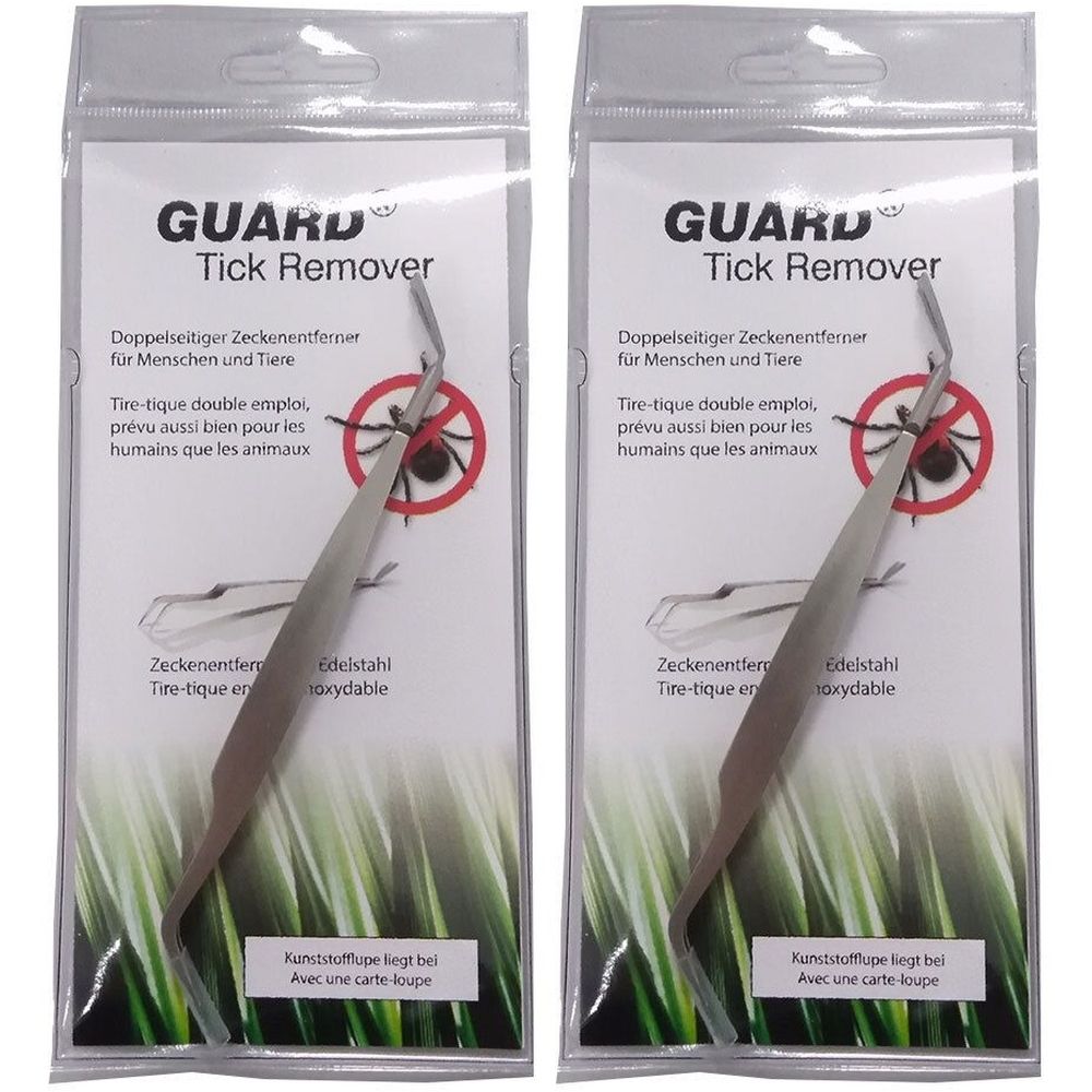 Zwei Zeckenentferner in Plastikverpackung. Aufschrift GUARD Tick Remover. Doppelseitig, für Menschen und Tiere.