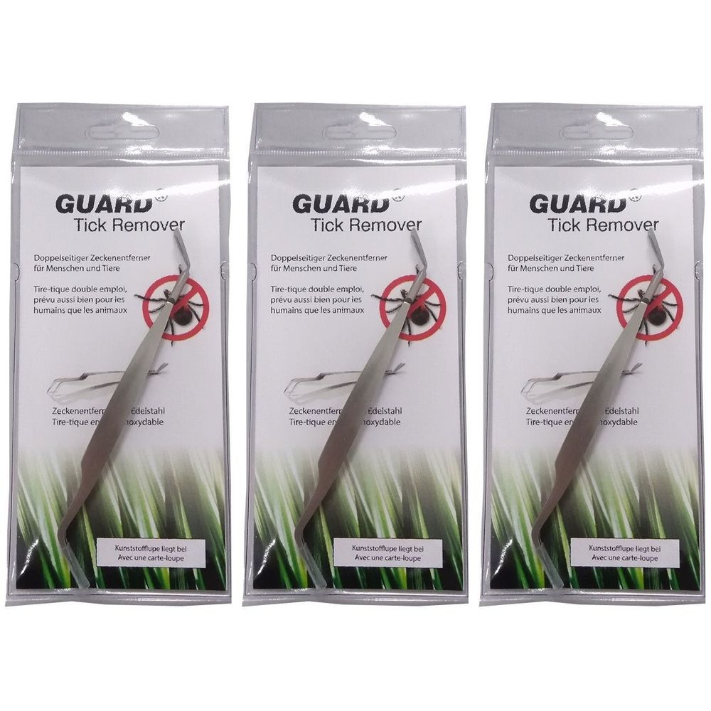 Drei Packungen mit Zeckenentfernern. Jede Packung enthält eine Pinzette und eine Karte. Auf der Verpackung steht "GUARD Tick Remover".