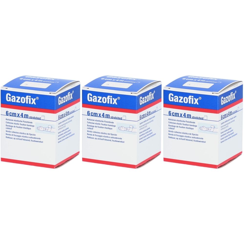Drei quadratische Kartons. Aufschrift: Gazofix®, 6 cm x 4 m. Blau-weiße Verpackung mit rotem Streifen.