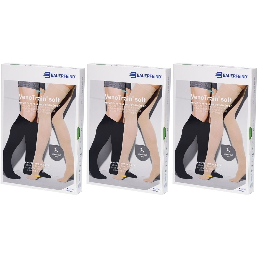 Trois boîtes de bas de compression. Marque BAUERFEIND, modèle VenoTrain soft. Bas noirs et beiges représentés sur l'emballage.