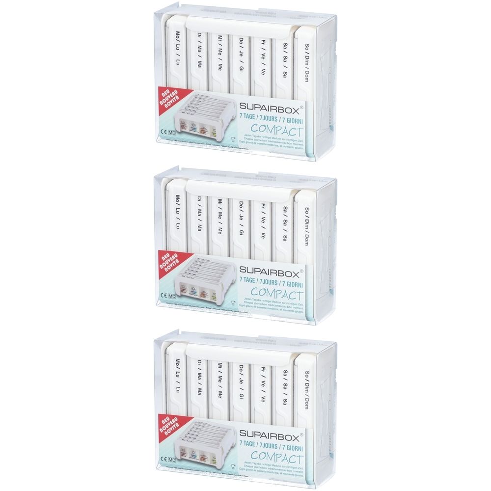 Plusieurs boîtes à pilules blanches dans des emballages en plastique transparent. Inscription : SUPAIRBOX Compact, 7 jours.