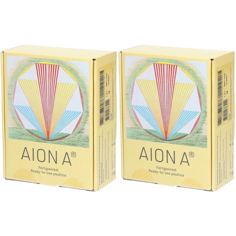 Zwei gelbe Kartons mit der Aufschrift "AION A®". Aufdrucke: Fertigwickel, Ready-to-use poultice. Geometrisches Muster.