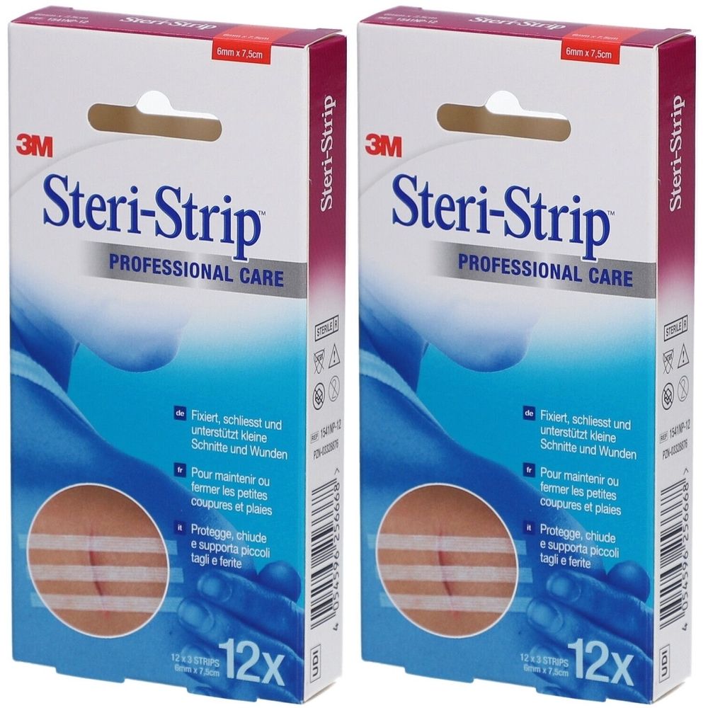 Zwei Packungen 3M Steri-Strip. Aufschrift: Steri-Strip PROFESSIONAL CARE. Enthält 12 Streifen. Auf der Verpackung ist ein Schnitt mit Streifen abgebildet.