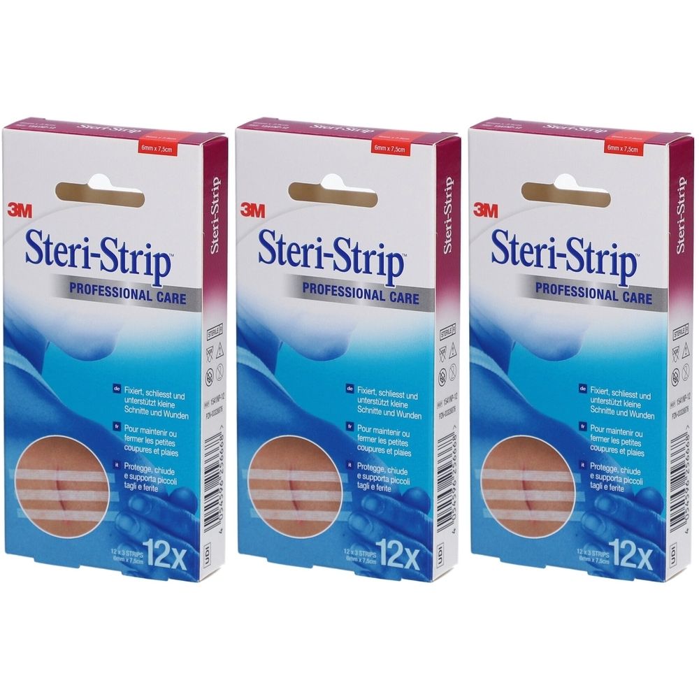 Drei Packungen 3M Steri-Strip. Auf jeder Packung steht "Steri-Strip PROFESSIONAL CARE" und "12x". Gezeigt werden Hautnahtstreifen.