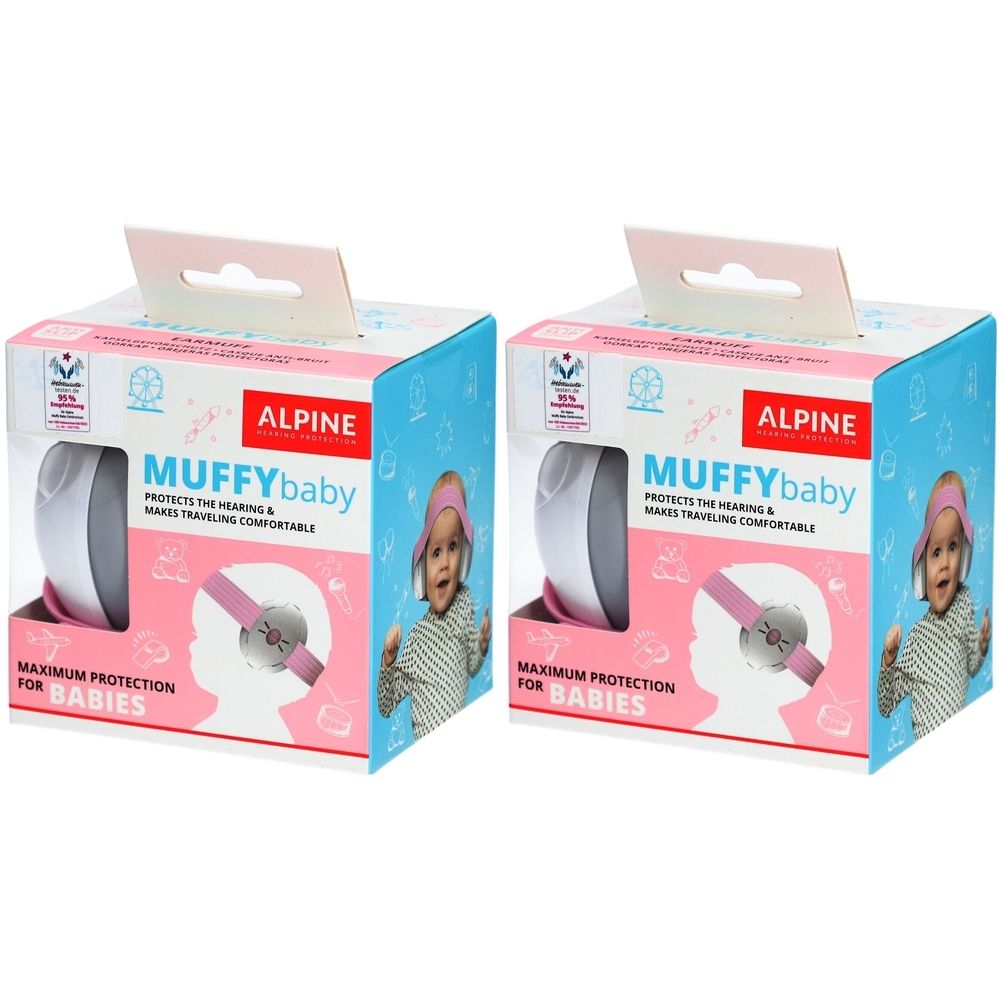 Zwei Produktverpackungen mit Gehörschutz für Babys. Aufdruck: Alpine Muffy Baby. Rosa Kopfhörer mit weißem Gehörschutz, in Karton verpackt.