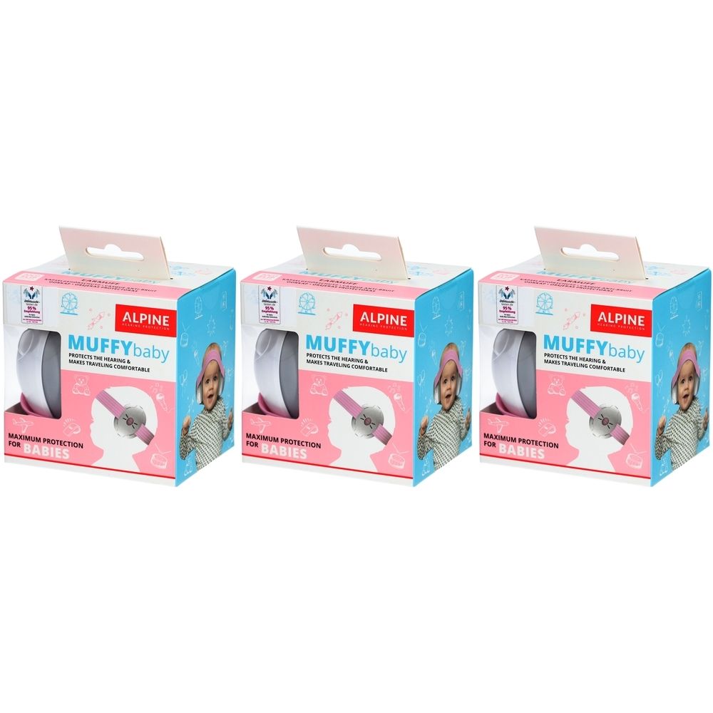 Trois boîtes de protection auditive rose pour bébés. Inscription : Alpine Muffy Baby, protection auditive pour bébés.