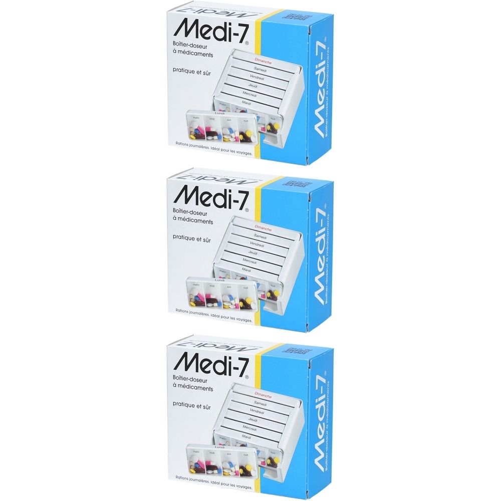Mehrere Packungen Medi-7 Tablettendosierer. Blaue und weiße Verpackung mit Produktabbildung und Text. Einzelne Tablettenfächer sichtbar.