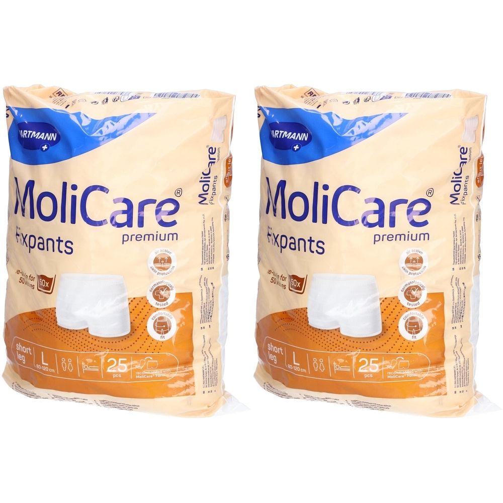 Zwei Packungen MoliCare Premium Fixpants. Aufdrucke: Marke, Produktname, Größe L, 25 Stück. Beige Verpackung mit Produktabbildung.