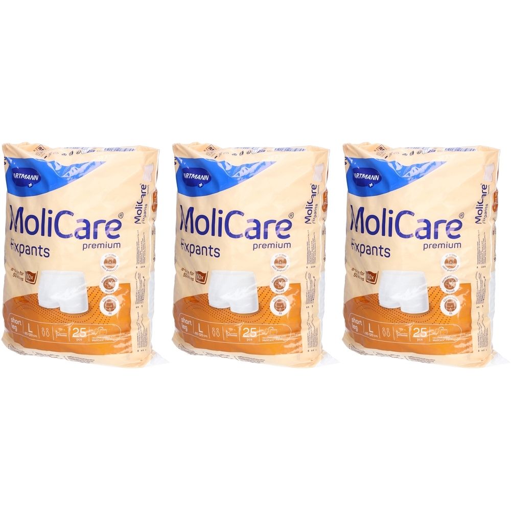 Drei Packungen MoliCare Premium Fixpants. Aufdrucke: MoliCare, Fixpants, L, 25 Stück. Beige Verpackung.