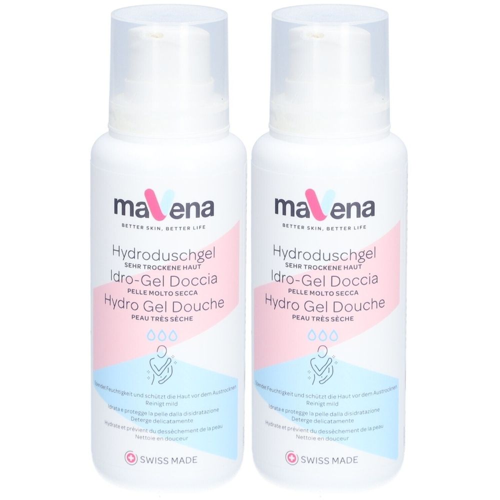 Deux flacons blancs avec pompe. Inscription: Mavena Hydro Gel Douche, en allemand, italien et français. Fabriqué en Suisse.