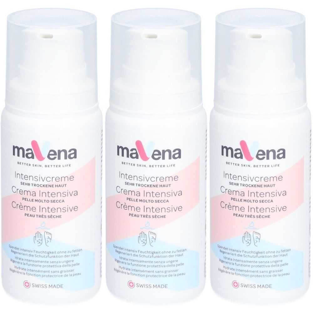 Drei weiße Flaschen mit Pumpverschluss. Auf jeder Flasche steht "mavena Intensivcreme" in mehreren Sprachen. Swiss Made Logo.