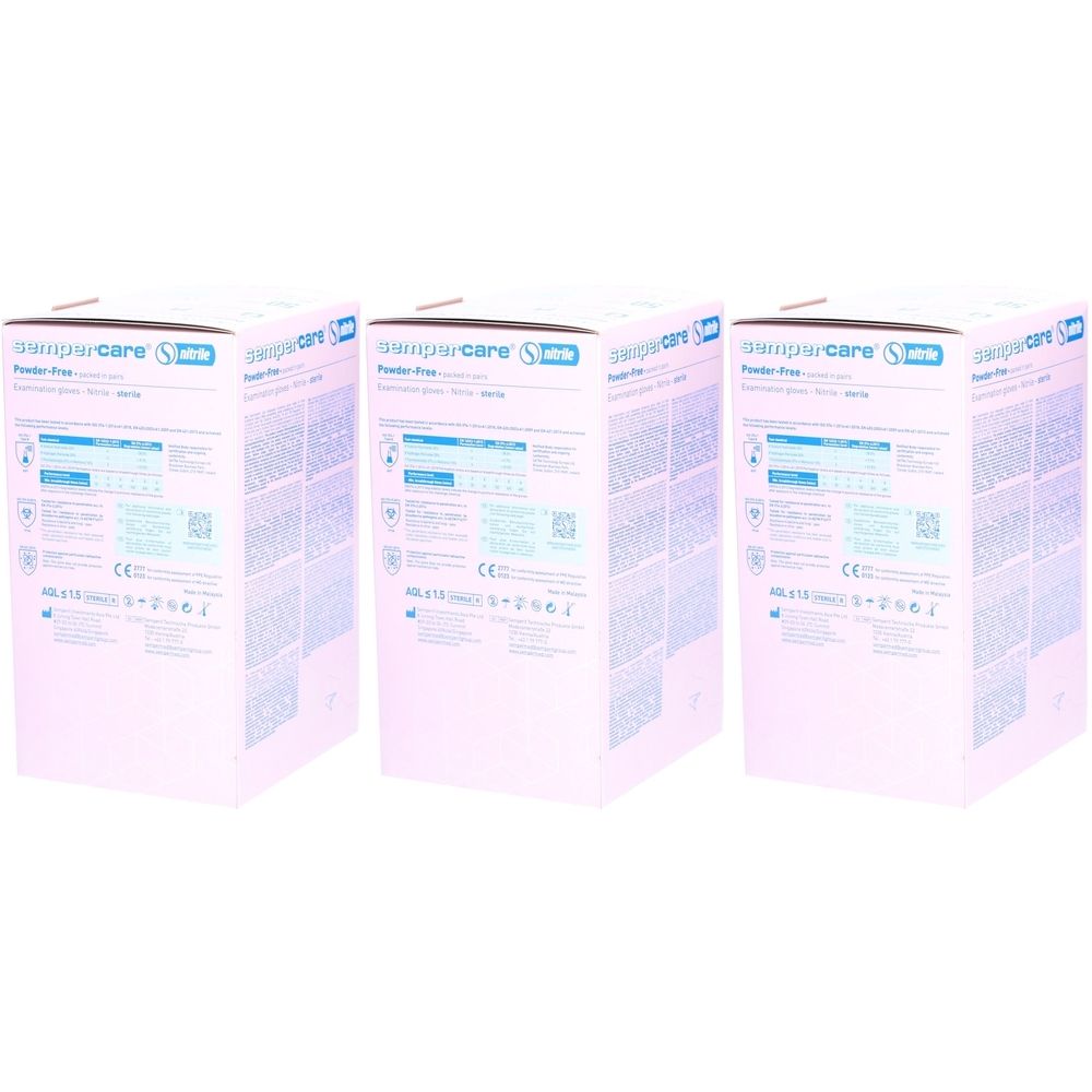 Trois boîtes. Inscription : Semparcare, stérile, sans poudre. Informations produit et marquage CE au dos.