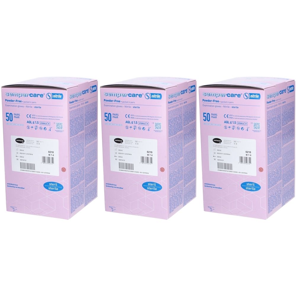 Drei Kartons Semparcare Samt steril Taille M. Rosa Verpackung mit Produktinformationen und Logo. 50 Stück pro Box.