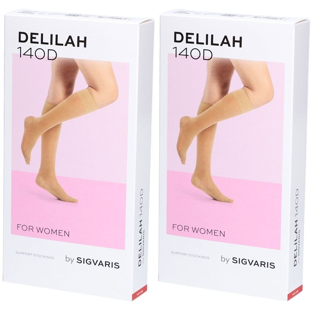 Deux boîtes de bas de contention. Inscription : DELILAH 140D, FOR WOMEN, by SIGVARIS. Jambes portant des bas représentées.