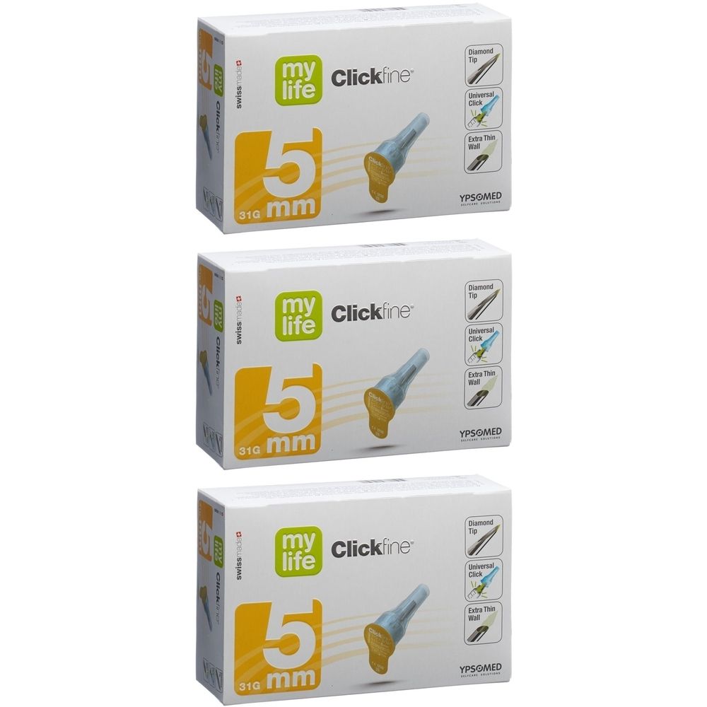 Drei Packungen mit Nadeln. Auf jeder Packung steht "my life Clickfine", "5 mm" und eine Abbildung der Nadel.