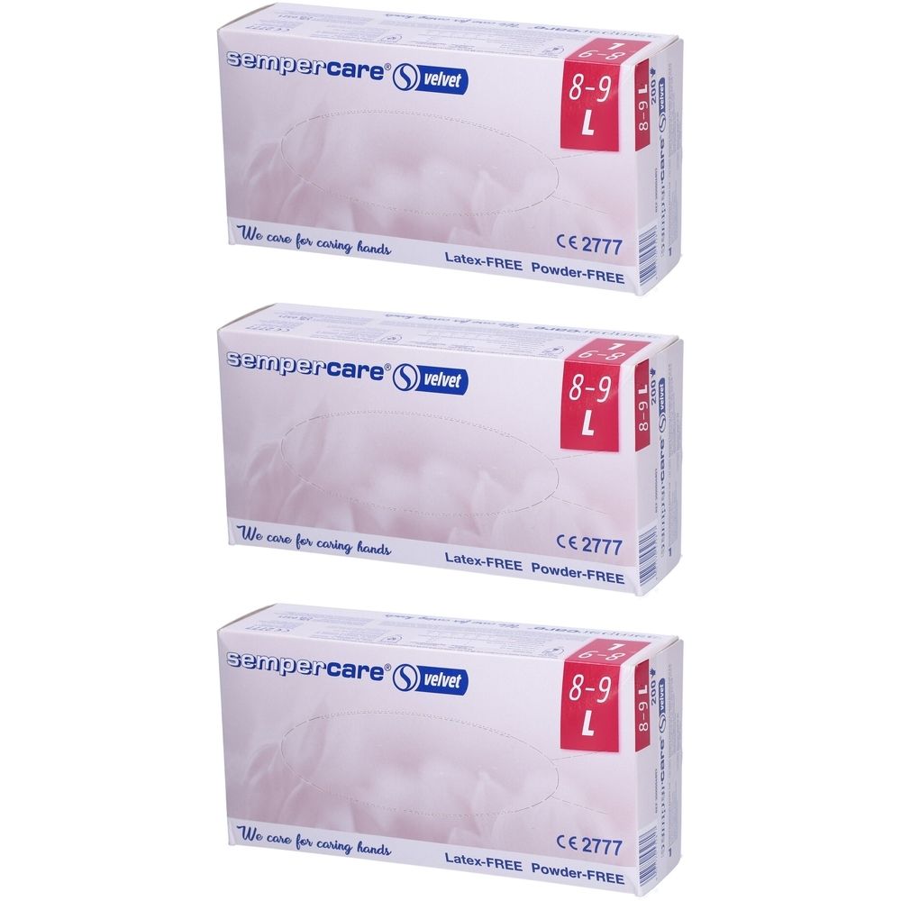 Drei Schachteln SEMPERCARE velvet Handschuhe, Größe L. Aufschrift: Latex-frei, Puder-frei. CE-Kennzeichnung.